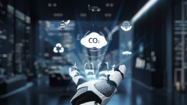Bir robot el, modern kentsel ortamlarda çevre dostu teknolojinin önemini vurgulayarak, karbondioksit azaltımıyla ilgili dijital simgeleri sergiliyor. Auvana