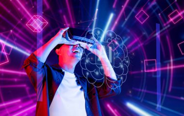 Neşeli bir birey, üretken yapay zeka ve gelişmiş istihbarat sistemlerinin yenilikçi dünyasını temsil eden canlı dijital grafiklerle çevrili sanal gerçeklik teknolojisiyle etkileşir. XDMCP