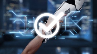 Teknoloji ve insanlık arasındaki uyumu temsil eden, dijital bir işaretle vurgulanmış, insan koluyla tokalaşan robotik bir kolu gösteren fütüristik bir sahne. Auvana