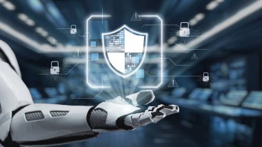 Fütürist bir robot el, dijital çağda korunma ve yenilikleri vurgulayan modern bir teknolojik ortamda siber güvenliği sembolize eden dijital bir kalkan sunmak üzere genişliyor. Auvana