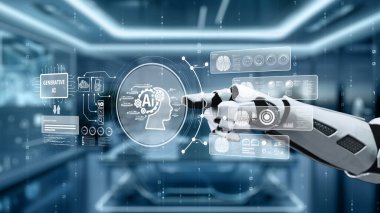 Robotik bir el dijital bir ekrana bağlanır, parlak, fütüristik çalışma alanı ortamında çeşitli yapay zeka unsurlarını resmeder, yenilik ve etkileşimi ön plana çıkarır. Auvana