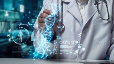Elinde tabletle masada oturan yetenekli doktorların yakın çekimleri hastanede bulanık bir geçmişi olan DNA hologramına işaret ediyor. Tıp çalışanı genetik bozuklukları kontrol ediyor ve inceliyor. İyileştirici.