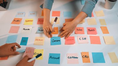 İşletme girişimleri ve projeleri için işbirlikçi planlama ve strateji geliştirme amaçlı renkli yapışkan notlarla dolu beyaz bir masa üzerinde iki el çalışıyor. SACTR