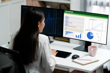 Hesap tablosu bilgi finansal başlangıç kavramı. Çevrimiçi analiz projesi için hesap tablosu belgelerinde veri ve grafikler