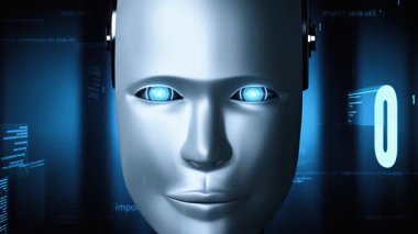 Futuristic robot artificial intelligence huminoid AI programming coding technology development and machine learning concept. Robotic bionic science research for future of human life. 3D rendering.