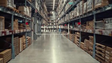 Artırılmış gerçeklik teknolojisi sistemi akıllı depo paket toplama ve teslimatını tanımlıyor. Gelecekteki tedarik zinciri ve lojistik ticaret kavramı .