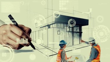 Şehir sivil planlama ve yaratıcı gayrimenkul geliştirme. Yaratıcı şehir binası tasarlamak için soyut şehir çizimine bakan mimar insanlar. Mimarlık hayali ve hırs konsepti.