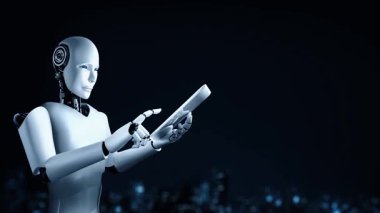 AI robot huminoid uses cloud computing technology to store data on online server . Futuristic concept of cloud information storage analyzed by machine learning process . 3D rendering .