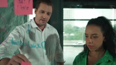 Yetenekli işadamı pazarlama fikrini cam duvardaki proje yöneticisine sundu. Yönetici projeyi yatırımcıya açıklıyor. Zeki iş adamları birlikte çalışıyor, beyin fırtınası yapıyorlar. Yönlendirici.