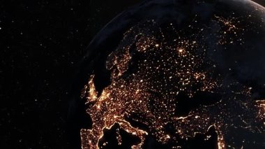 Gerçekçi coğrafya yüzeyi ve bulutların atmosferiyle Dünya 'nın 3D yörüngesel animasyonu. Kıtaları ve okyanus manzarasını gösteren dönen dünya küresi .