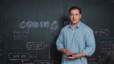 Kodlama programıyla ilgili öğrenci sorusuna beyaz öğretmen cevap veriyor. Beyaz kız, STEM teknoloji sınıfında dizüstü bilgisayar ekranı görüntülerken soru sormak, oy vermek, gönüllü olmak için elini kaldırdı. Öğretim