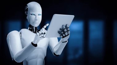 Büyük veri analizi için tablet bilgisayar kullanan robot insansı yapay zeka, yapay zeka ve 4. endüstriyel devrim için makine öğrenme yöntemlerini kullanıyor. 3B görüntüleme.
