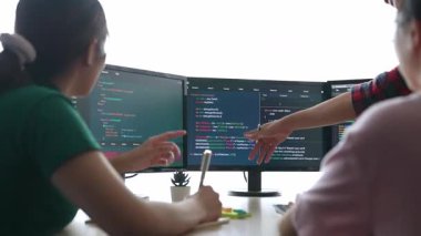 Bilgisayar programlama için arka uç yazılım geliştirici mühendisi. Yazı yazma kodlarını ayıklamak için birlikte çalışıyorlar. Ofisteki monitörde karmaşık algoritmaları çözüyorlar. Filizlenen