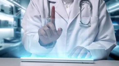 Klavye yazan ve hastanede yüzen insan beyin anatomisi hologramına tıklayan yetenekli doktorlara yaklaş. Sağlık çalışanı beyin anatomisini kontrol ediyor ve inceliyor. Teknoloji yeniliği. İyileştirici.