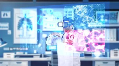 DNA hologramına bakarken genetik semptomları açıklayan ve paylaşan yetenekli bir tıp çalışanı. Kalp semptomu teşhis edilirken VR kulaklık takan profesyonel bir doktor. Teknoloji. Aygıt.