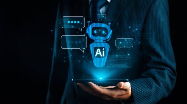 Yapay zeka sanal asistanı Chatbot ile yapay zeka konsepti ile insan etkileşimi, yapay zeka mühendisliği, LLM yapay zeka derin öğrenimi iş desteği için üretken yapay zeka kullanımı. Kullanıcı Kimliği