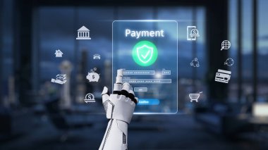 Robotik bir el, gelecekteki sanal ödeme ekranı ile etkileşime girer, kentsel bir ortamda dijital ödeme ikonları ve güvenlik özellikleri gösterilerek yeniliği sembolize eder. Auvana