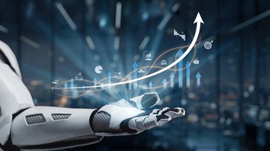 Gösterişli bir robot el, iş ve teknoloji sektörlerindeki yenilik ve büyümeyi sembolize eden yüksek teknoloji ofisinde dijital grafikler ve yükselen oklar sergiliyor. Auvana