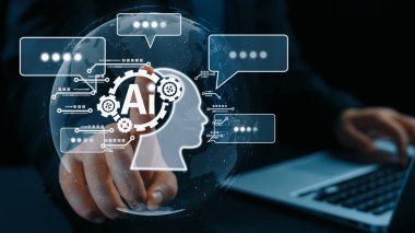 Yapay zeka mühendisliği, büyük veri ve yapay zeka makinesi kavramında yapay zeka beyin işlemcisiyle iş desteği için üretken yapay zeka kullanmayı öğrenen insan etkileşimi. Kullanıcı Kimliği