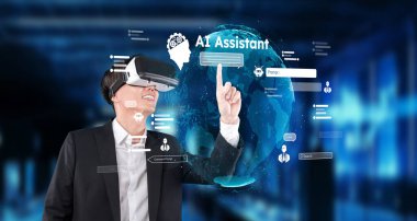 Bir adam sanal bir yapay zeka asistanıyla, yüksek teknolojili dijital arkaplan üzerine kurulmuş bir VR kulaklıkla iletişim kuruyor ve yapay zekanın ve teknolojinin geleceğini vurguluyor. XDMCP