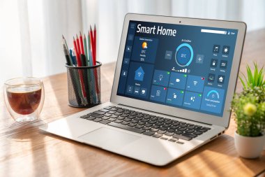 Smart home technology, centric remote control system with digital dashboard for air conditioning, safety security network or house automation. App software, ui panel programming IOT monitor snugly