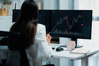 Modern ofisteki borsa grafiğinin kârını analiz etmek için bilgisayara bakan genç ve güzel Asyalı bir iş kadını. Finans sektöründe refah güvenliğine yüksek kâr yatırımı kavramı. Taktik.