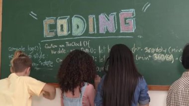 Akıllı öğrenci kodlama mühendisliği komut yazarken geçmişe dönüp kara tahtada yapay zeka programlama sistemi kodu oluşturmuş. Mutlu çeşitli çocuklar web sitesi geliştirme planı için birlikte çalışıyorlar. Pedagoji.