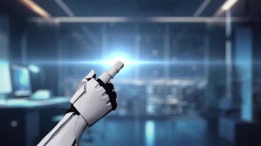 Modern ofis ortamında yazılım güncelleme sürecinde yer alan bir robot el, bir ilerleme çubuğuyla dijital arayüz aracılığıyla yenilikçi teknolojiyi sergiliyor. Auvana