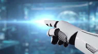 Robotik bir el modern bir siber güvenlik ortamında dijital kalkan ikonuna işaret ederek günümüz dünyasında gelişmiş teknoloji ve dijital güvenlik önlemlerinin kesişimini vurguluyor. Auvana