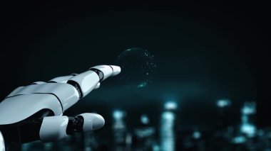 Gelecekçi robot yapay zeka yapay zeka yapay zekayı aydınlatıyor ve makine öğrenme kavramını geliştiriyor. İnsan hayatının geleceği için küresel robot biyonik bilim araştırması. 3B görüntüleme grafiği.