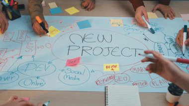 Kişilerin notlar, diyagramlar ve yaratıcı düşünceler kullanarak yeni bir proje için aktif beyin fırtınası fikirlerinin yer aldığı bir ofiste canlı bir işbirliği oturumu. SACTR