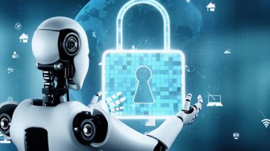 AI robot huminoid uses cloud computing technology to store data on online server . Futuristic concept of cloud information storage analyzed by machine learning process . 3D rendering .