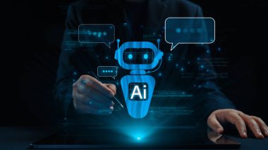 Yapay zeka sanal asistanı Chatbot ile yapay zeka konsepti ile insan etkileşimi, yapay zeka mühendisliği, LLM yapay zeka derin öğrenimi iş desteği için üretken yapay zeka kullanımı. Kullanıcı Kimliği