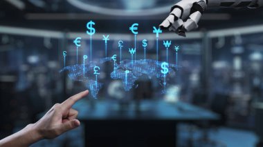 Finansal yenilik ve teknolojiyi sembolize eden, dijital dünya haritasının üzerindeki küresel para birimi sembollerini gösteren büyüleyici bir robot el çizimi. Auvana