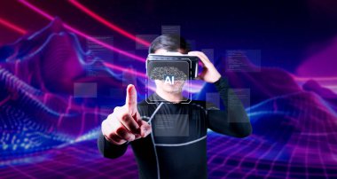 Bu resim sanal gerçekliğe dalmış, üretici yapay zekayı ve onun programlama ve doğal dil işleme uygulamalarını keşfeden bir insanı gösteriyor. XDMCP