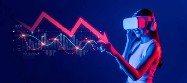 Bir kadın, interaktif grafikler ve metrikler yoluyla ekonomik düşüş eğilimlerini ve kriz verilerini keşfetmek için sanal gerçeklik teknolojisiyle ilgilenerek, analizdeki yenilikleri ön plana çıkarıyor. XDMCP