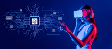 Genç bir kadın dijital devreler ve soyut yapay zeka grafikleri ile çevrelenmiş son teknolojiyi ön plana çıkaran sanal gerçeklik kulaklığıyla meşgul oluyor. XDMCP