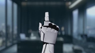 Bir robot el, yapay zeka ve modern iletişim teknolojisinin yakınlaşmasını gösteren, gösterişli bir ofis ortamında dijital insan figürleriyle etkileşime giriyor. Auvana