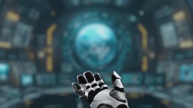 Fütürist bir robot el, bulut teknolojisi ve veri transferini temsil eden çeşitli dijital simgelerle, otomasyon ve bilgisayar alanlarındaki yenilikleri sembolize eder. Auvana