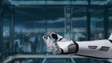 İnsanları temsil eden ve modern bir iş ortamında teknoloji, toplum ve yenilik temalarını vurgulayan fütüristik robotik bir el, dijital simgeleri sergiliyor. Auvana