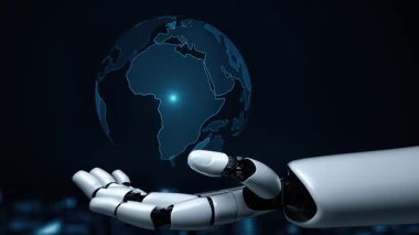 Gelecekçi robot yapay zeka yapay zeka yapay zekayı aydınlatıyor ve makine öğrenme kavramını geliştiriyor. İnsan hayatının geleceği için küresel robot biyonik bilim araştırması. 3B görüntüleme grafiği.