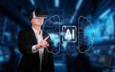 Sanal gerçeklik teçhizatı takan bir işadamı üretken yapay zeka kavramlarıyla etkileşime girer. Bu görüntü modern yenilikte teknolojinin ve yapay zekanın birleşimini temsil ediyor. XDMCP