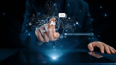 Yapay zeka mühendisliği, büyük veri ve yapay zeka makinesi kavramında yapay zeka beyin işlemcisiyle iş desteği için üretken yapay zeka kullanmayı öğrenen insan etkileşimi. Kullanıcı Kimliği