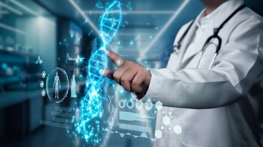 Yetenekli doktorların DNA hologramına bakmasını istiyorum. Hasta semptomlarını teşhis ederken hastanın DNA analizlerini inceleyen yetenekli bir doktor. Teknoloji ve sağlık hizmetleri. İyileştirici.