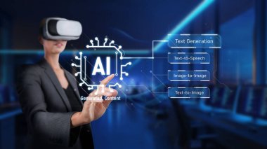 Genç bir profesyonel sanal gerçeklik deneyimine dalmış, metin ve görüntü üretimi de dahil olmak üzere yapay zeka tarafından oluşturulan içerik seçeneklerini modern bir çalışma alanında araştırıyor. XDMCP