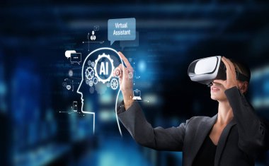 Görüntü, sanal gerçeklik kulaklığı kullanan, yapay zeka kavramlarıyla uğraşan ve sanal bir asistanla iletişimi görselleştiren genç bir kadını resmediyor. XDMCP