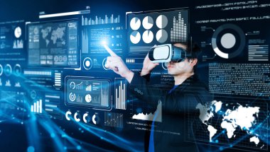 Gözlüklü akıllı iş adamı yapay zeka teknolojisini kullanarak çalışıyor. Küresel ağa erişen ve veri analizi ve istatistik tablosuna bakarken yapay zeka kullanan bir yönetici. Yaratıcılık.