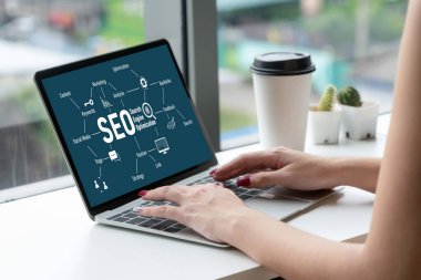 Model e-ticaret için SEO arama motoru optimizasyonu ve bilgisayar ekranında gösterilen çevrimiçi perakende işi