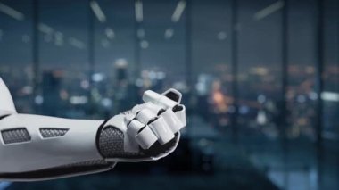 Bir robot el, renkli grafikler ve çizelgeler ile gelişmiş veri görselleştirmesini, parlak ve modern çalışma alanında yansıtılan eğilim ve analizleri göstermektedir. Auvana