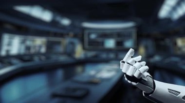 Fütürist bir robotik kol bulut teknolojisi sembolleriyle etkileşime girer, dijital veri yönetimi, otomasyon ve gelişmiş robotik cihazları parlak ofis ortamında vurgular. Auvana